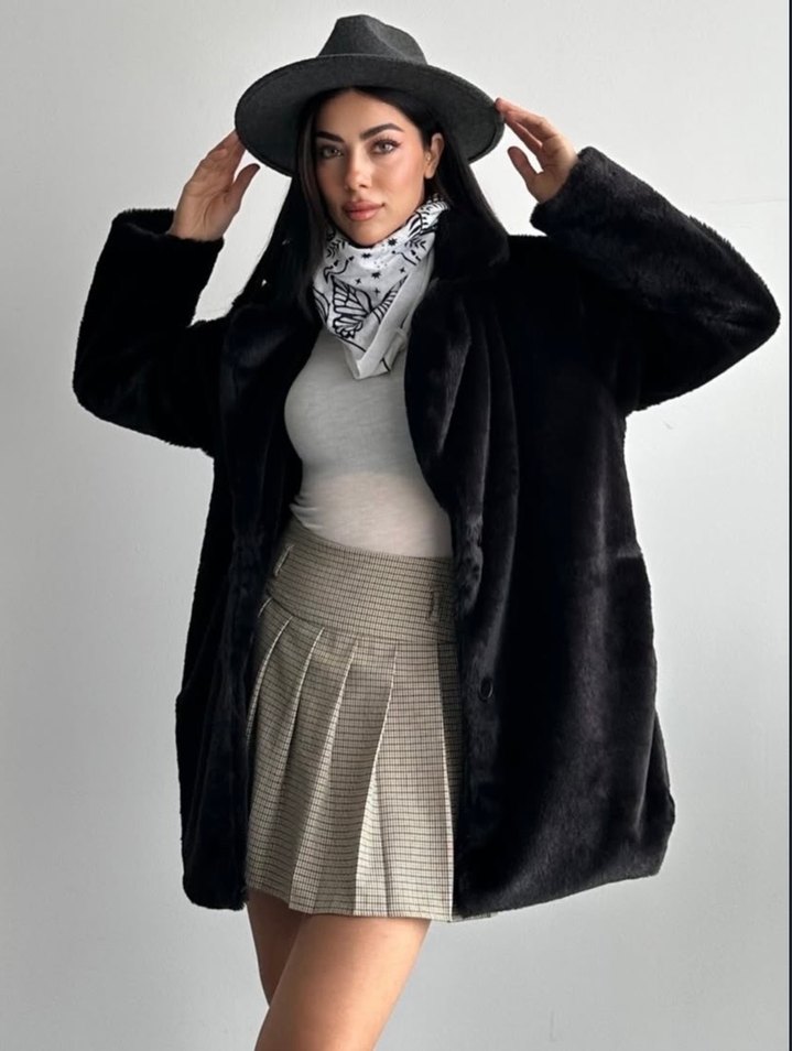 Kadın Siyah Suni Kürk Midi Kaban - Görsel 5