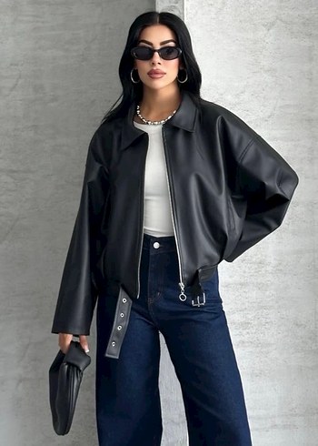 Kemer Detaylı Siyah Deri Kadın Ceket - Görsel 2