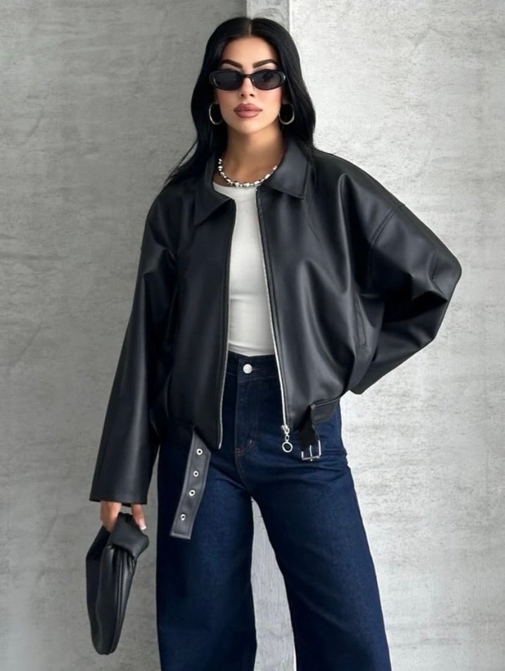 Kemer Detaylı Siyah Deri Kadın Ceket - Görsel 2