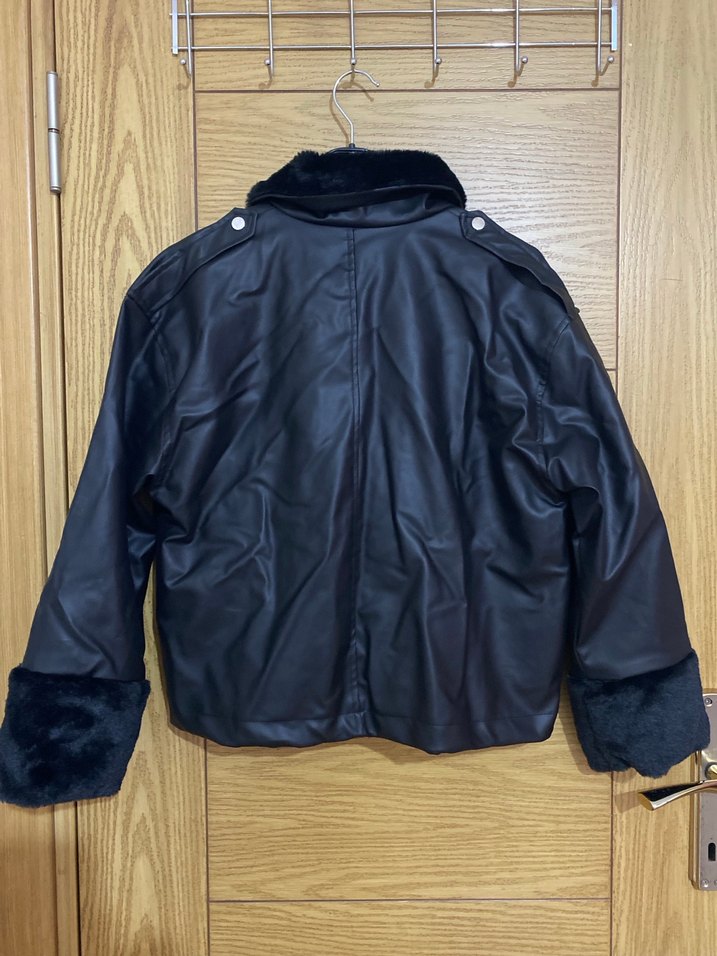 Kürk Detaylı Siyah Deri Kadın Ceket - Görsel 3