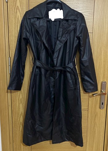 Kadın Siyah Deri Kemerli Uzun Trençkot - Görsel 5