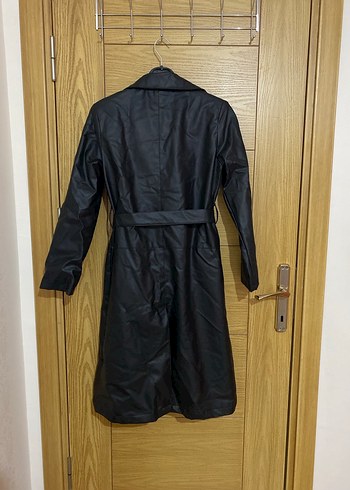 Kadın Siyah Deri Kemerli Uzun Trençkot - Görsel 7