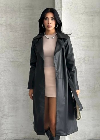 Kadın Siyah Deri Kemerli Uzun Trençkot - Görsel 3