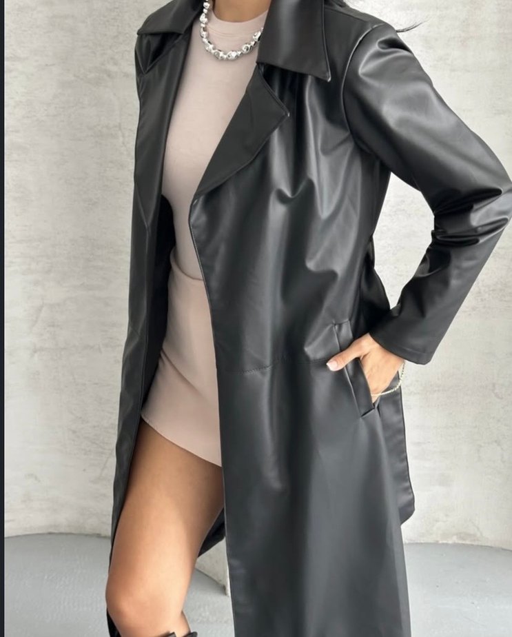 Kadın Siyah Deri Kemerli Uzun Trençkot - Görsel 2