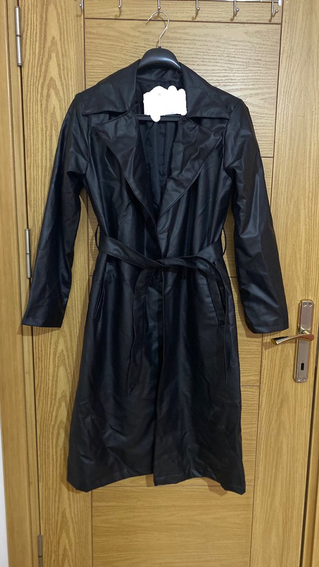 Kadın Siyah Deri Kemerli Uzun Trençkot - Görsel 5