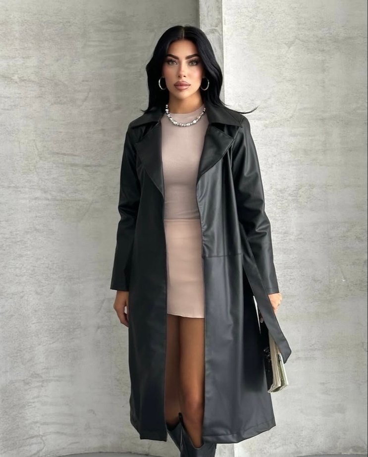 Kadın Siyah Deri Kemerli Uzun Trençkot - Görsel 3