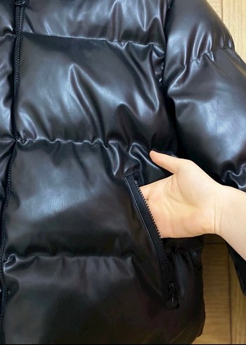 Siyah Deri Şişme Kadın Kışlık Ceket - Görsel 6