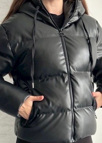 Siyah Deri Şişme Kadın Kışlık Ceket - Görsel 2