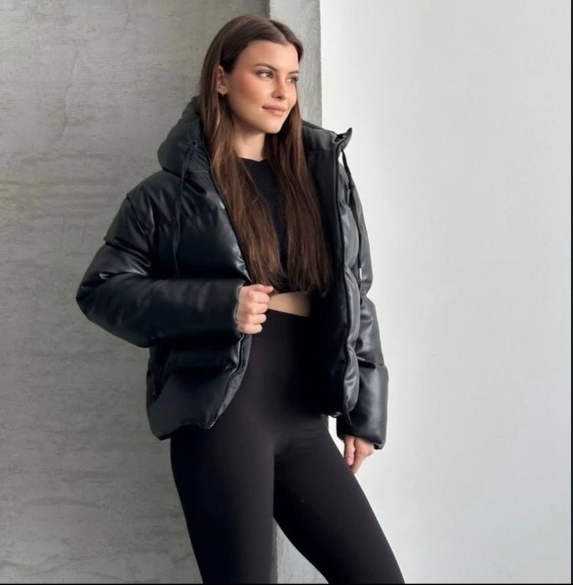 Siyah Deri Şişme Kadın Kışlık Ceket - Görsel 4