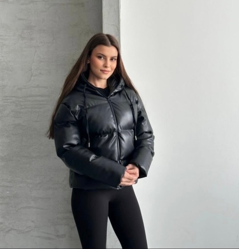 Siyah Deri Şişme Kadın Kışlık Ceket - Görsel 3
