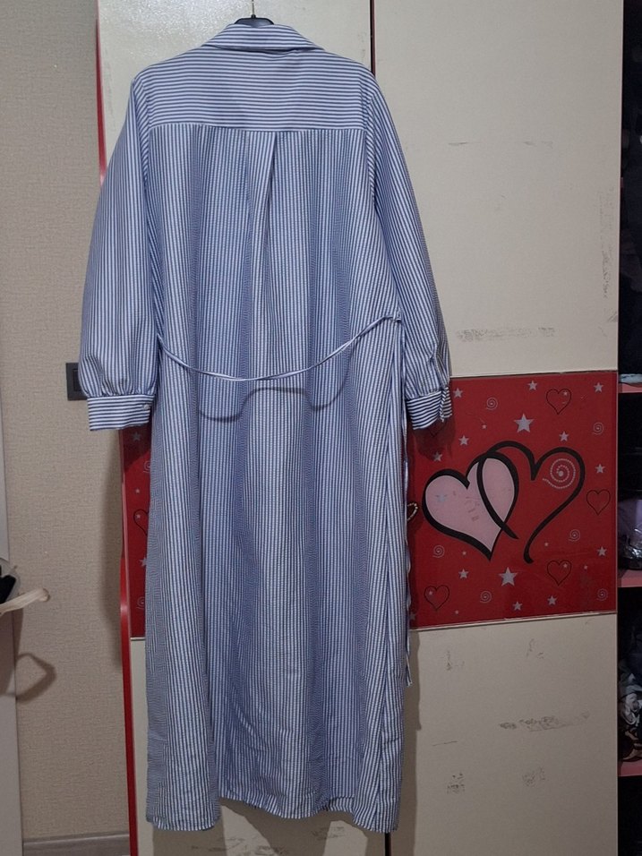 Düğmeli Uzun Kollu Mavi Çizgili Elbise - Görsel 4