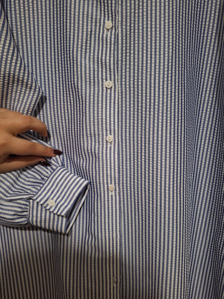 Düğmeli Uzun Kollu Mavi Çizgili Elbise - Görsel 3