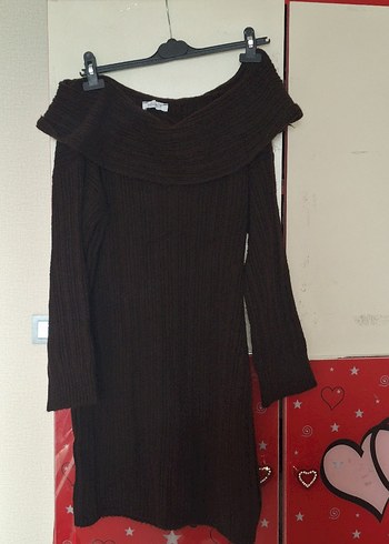 Kahverengi Uzun Kollu Kadın Triko Elbise/kazak - Görsel 3