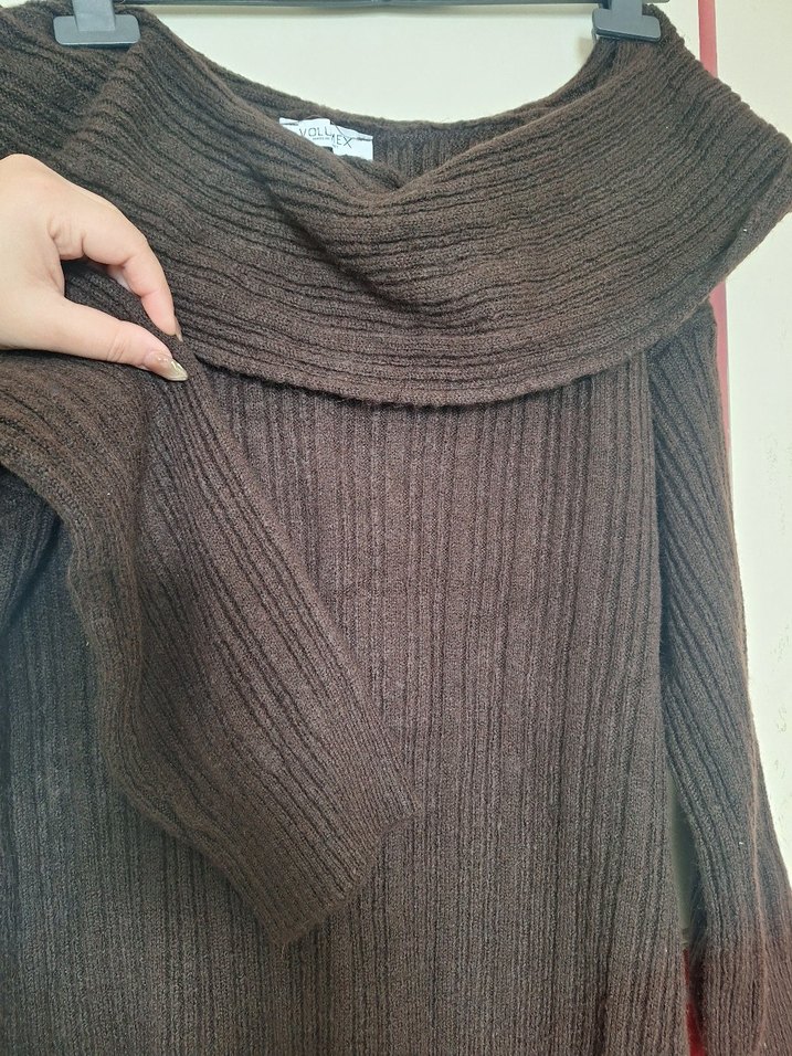 Kahverengi Uzun Kollu Kadın Triko Elbise/kazak - Görsel 2