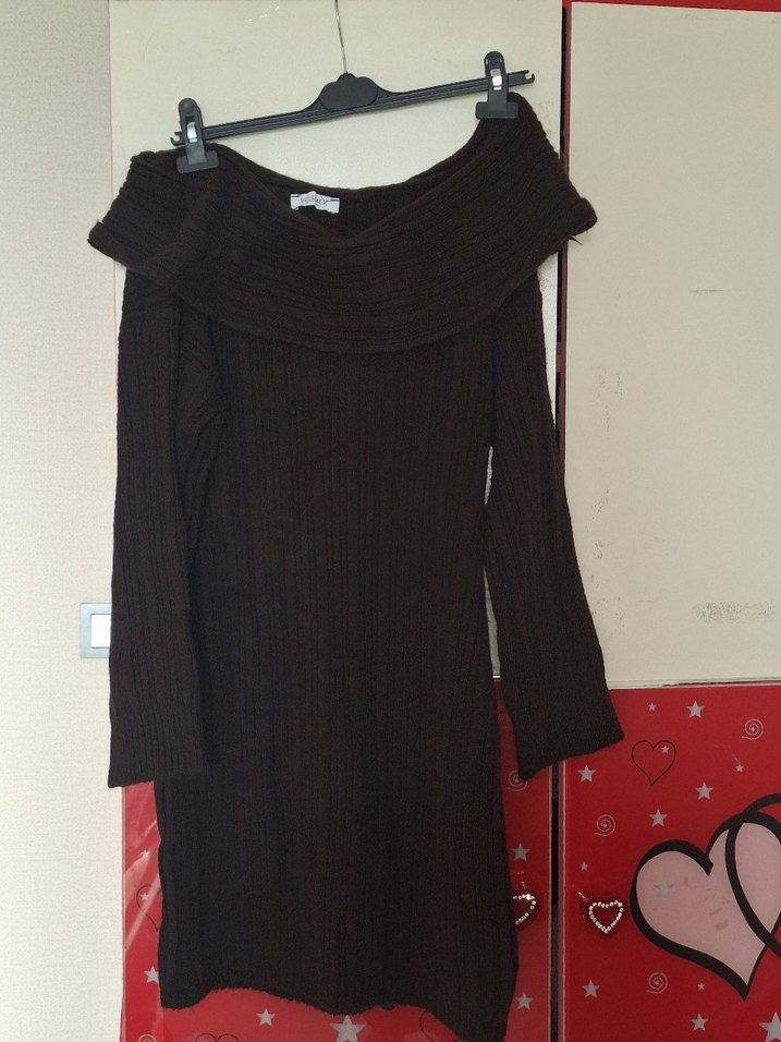 Kahverengi Uzun Kollu Kadın Triko Elbise/kazak - Görsel 3