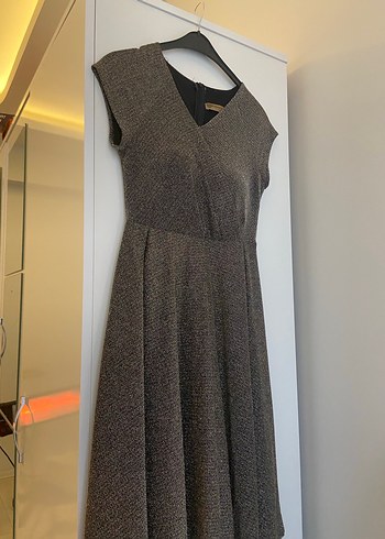 Gri Midi V Yaka Kadın Elbise - Görsel 3