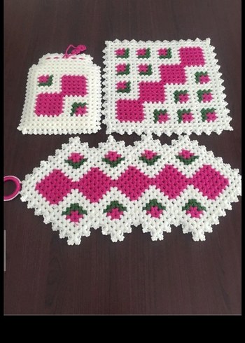 El Yapımı Mor Beyaz Örgü Mutfak Seti - Görsel 2