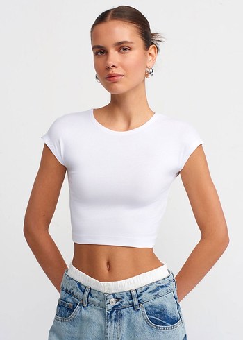 Pamuk ve Modal Karışımlı Crop Top-Beyaz - Görsel 3