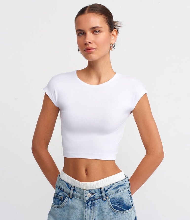 Pamuk ve Modal Karışımlı Crop Top-Beyaz - Görsel 3