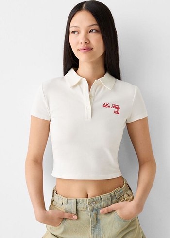 Beyaz BERSHKA POLO YAKA CROP - Görsel 5