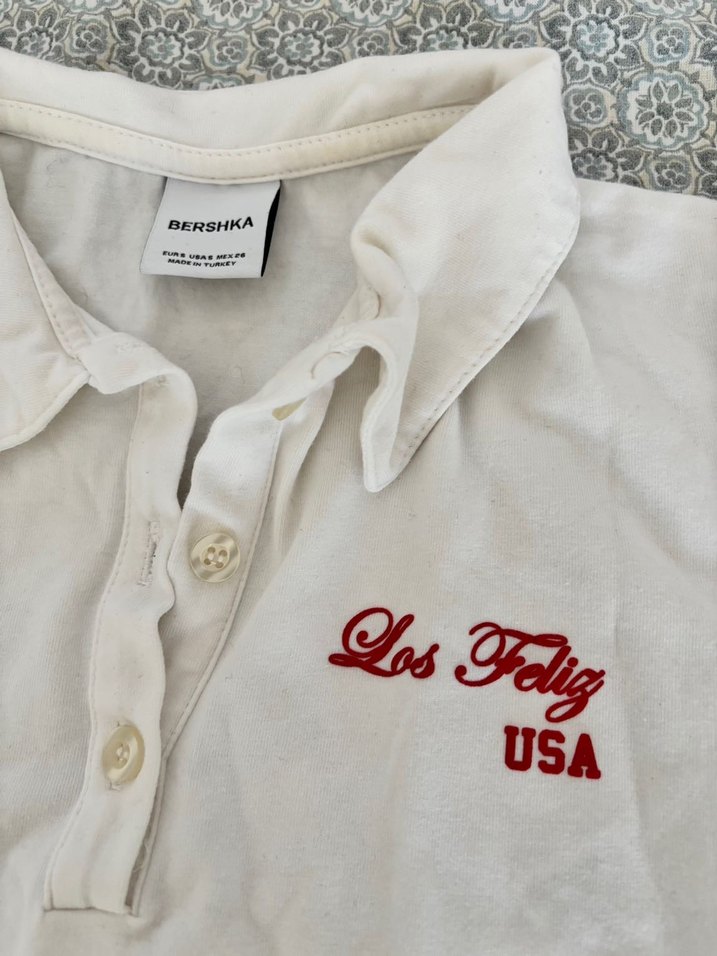 Beyaz BERSHKA POLO YAKA CROP - Görsel 4