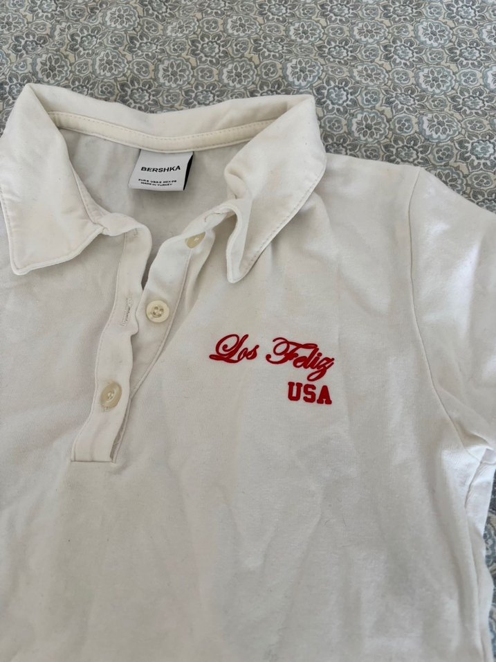 Beyaz BERSHKA POLO YAKA CROP - Görsel 3