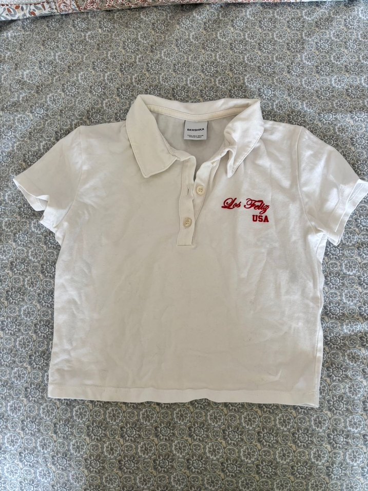 Beyaz BERSHKA POLO YAKA CROP - Görsel 2