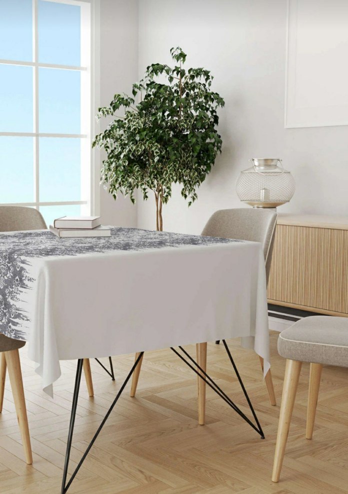 Gri Nakışlı Beyaz Modern Masa Örtüsü 130x200 - Görsel 2