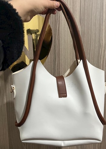 Kahverengi Tokalı Beyaz Deri Kadın Çanta - Görsel 2