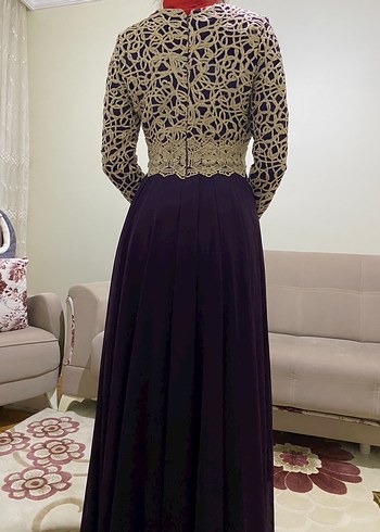 Mor Dantel Detaylı Uzun Abiye Elbise - Görsel 2