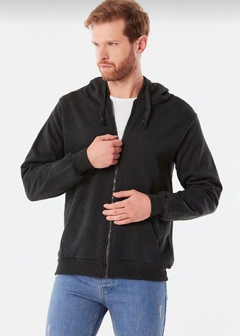 Siyah Kapüşonlu Fermuarlı Erkek Sweatshirt - Görsel 3