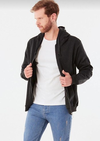 Siyah Kapüşonlu Fermuarlı Erkek Sweatshirt - Görsel 5