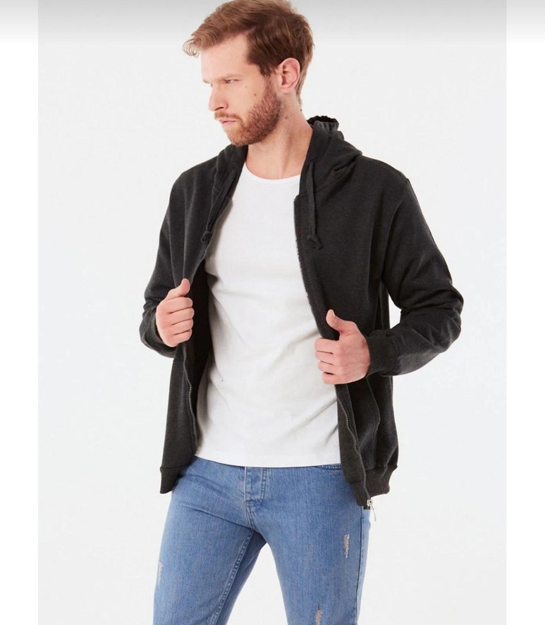 Siyah Kapüşonlu Fermuarlı Erkek Sweatshirt - Görsel 5