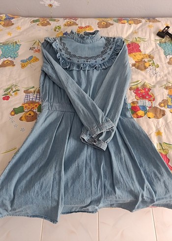 Zara Fırfırlı Nakışli mavi özel dikim ithal Denim Elbise