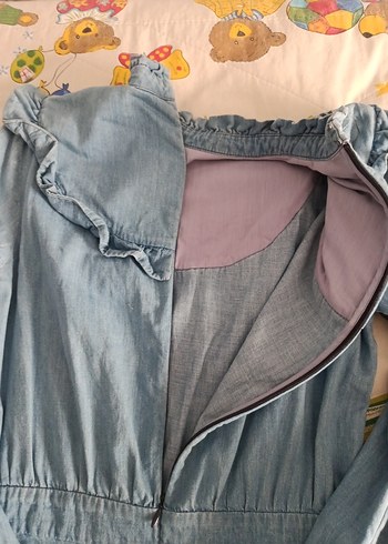 s Beden gri Renk Fırfırlı Nakışli mavi özel dikim ithal Denim Elbise