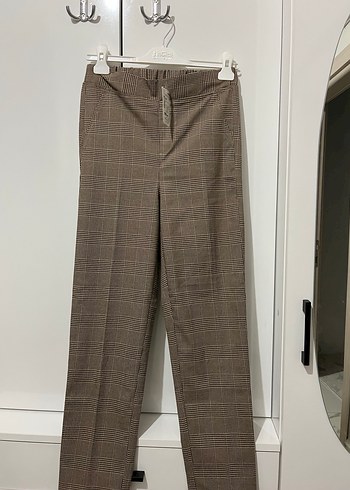 Düğmeli Kahverengi Gri  Kumaş Kadın Pantolon - Görsel 3