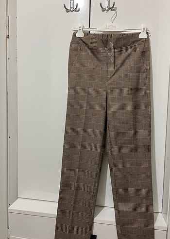 Düğmeli Kahverengi Gri  Kumaş Kadın Pantolon - Görsel 2