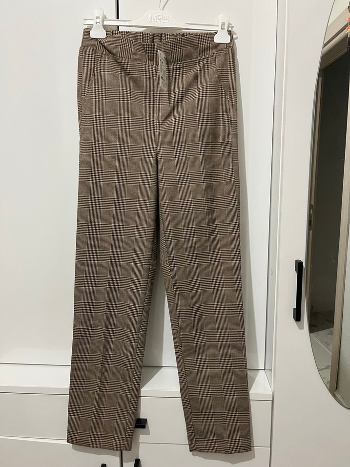 Düğmeli Kahverengi Gri  Kumaş Kadın Pantolon - Görsel 4