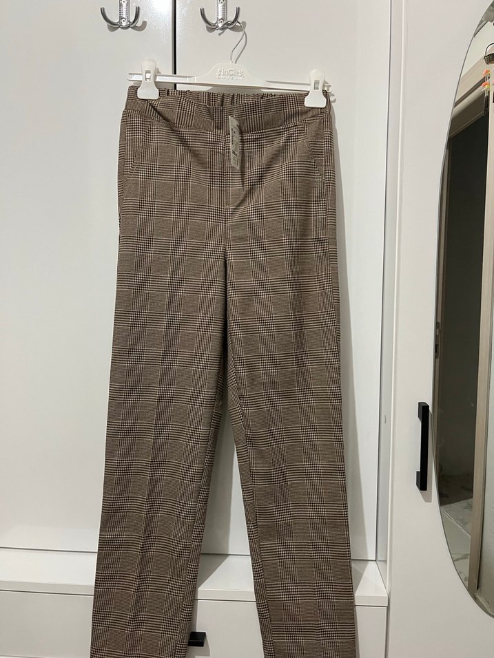 Düğmeli Kahverengi Gri  Kumaş Kadın Pantolon - Görsel 3