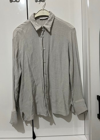 Gri Keten Kadın Gömlek, Uzun Kollu, Düğmeli - Görsel 3