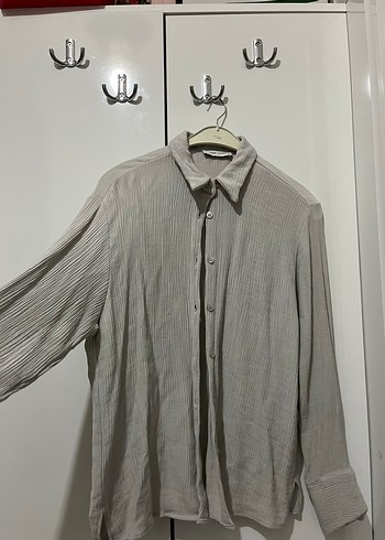 Gri Keten Kadın Gömlek, Uzun Kollu, Düğmeli - Görsel 2