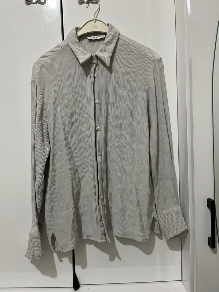 Gri Keten Kadın Gömlek, Uzun Kollu, Düğmeli - Görsel 3