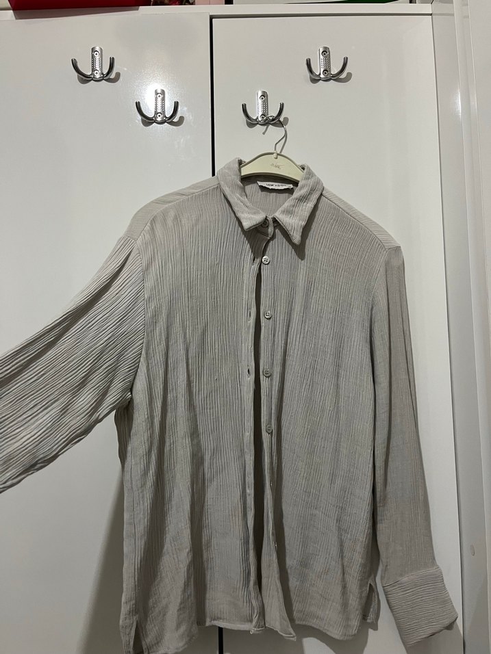 Gri Keten Kadın Gömlek, Uzun Kollu, Düğmeli - Görsel 2