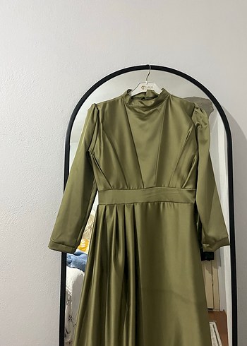 Şık Drapeli Haki Uzun Abiye Elbise - Görsel 3
