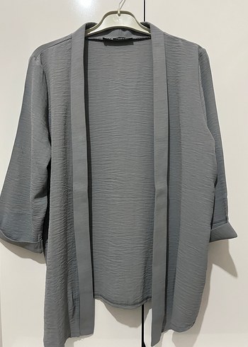 Gri Midi Uzun Kollu Pliseli Keten Kimono - Görsel 2