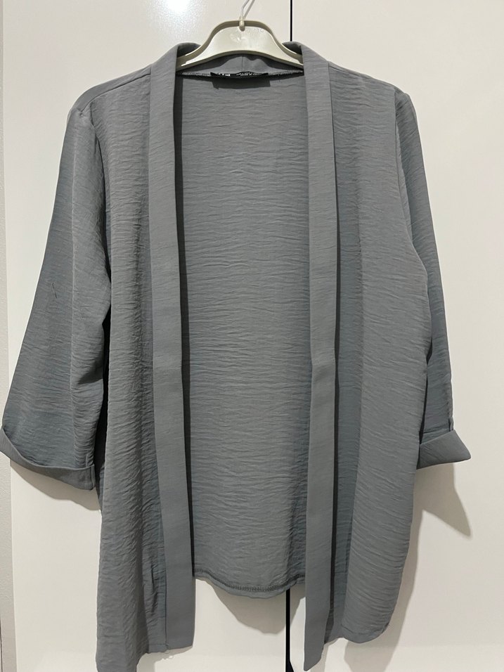 Gri Midi Uzun Kollu Pliseli Keten Kimono - Görsel 2