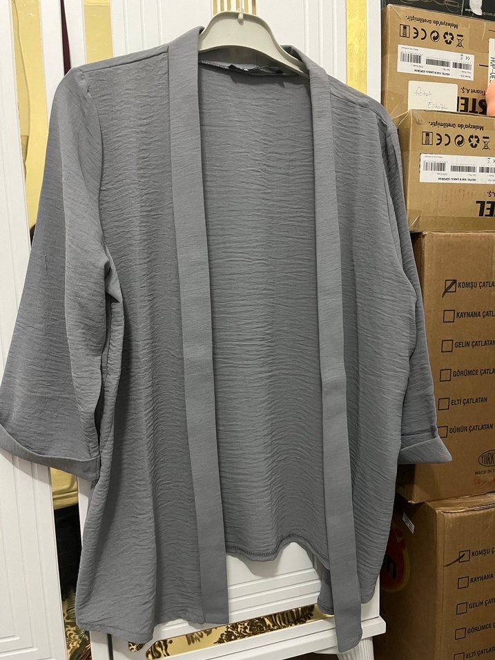 Gri Midi Uzun Kollu Pliseli Keten Kimono - Görsel 3