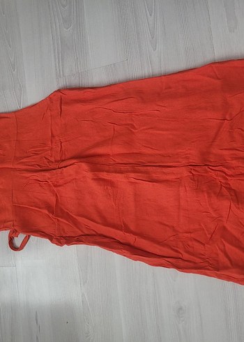 Kırmızı Keten Uzun Drapeli Elbise - Görsel 3