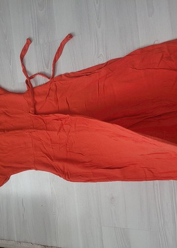 Kırmızı Keten Uzun Drapeli Elbise - Görsel 2