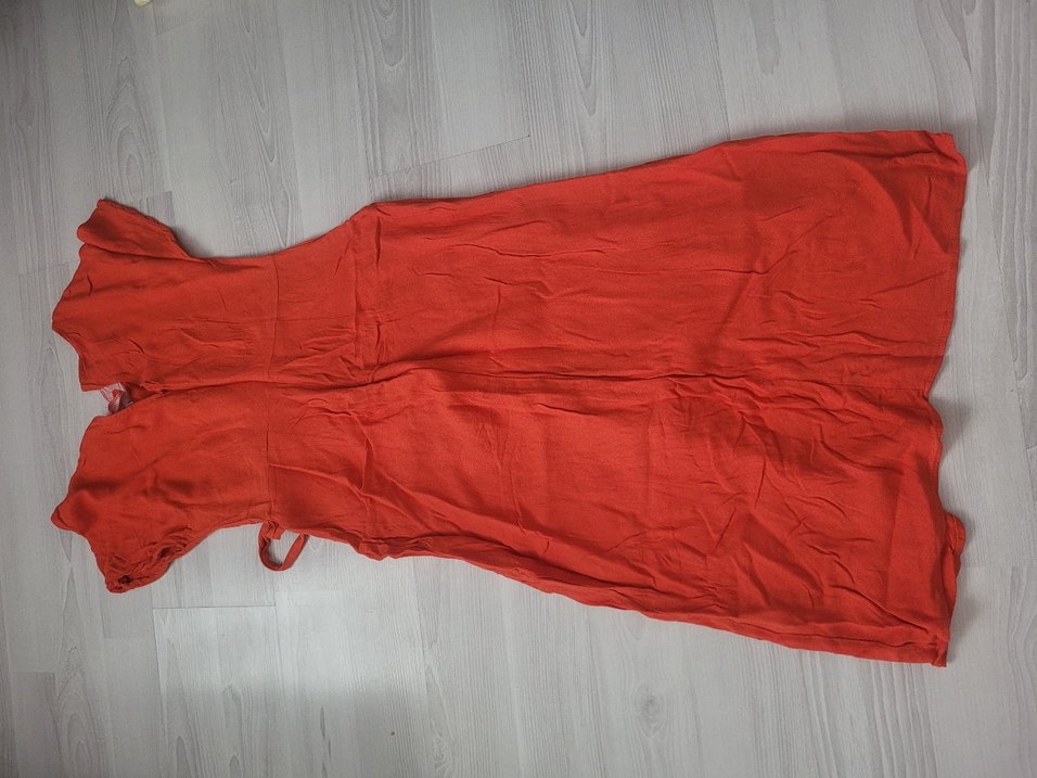 Kırmızı Keten Uzun Drapeli Elbise - Görsel 3